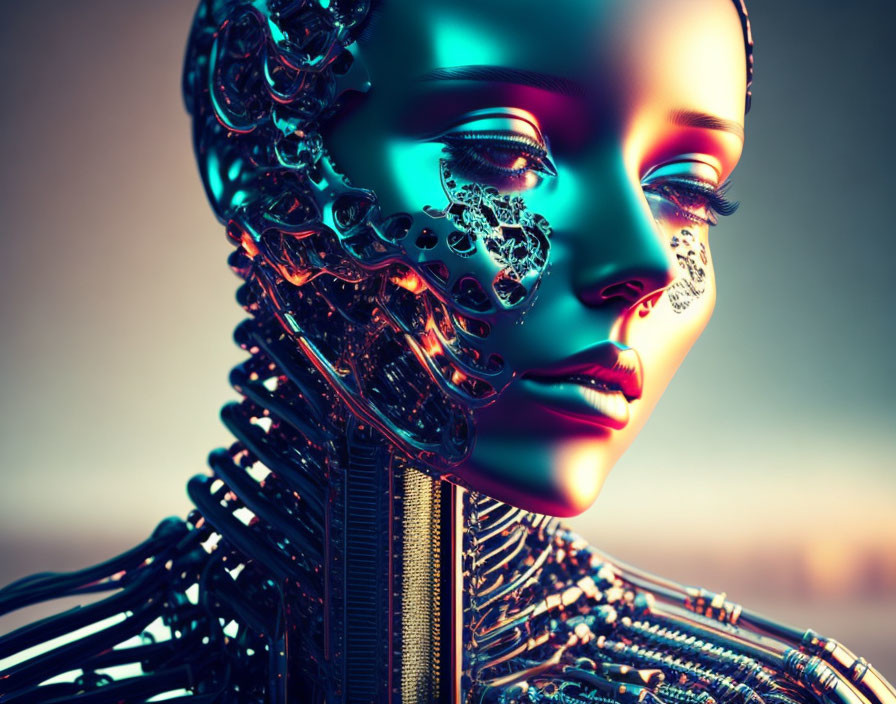 Detailed close-up of futuristic humanoid robot with intricate mechanical features