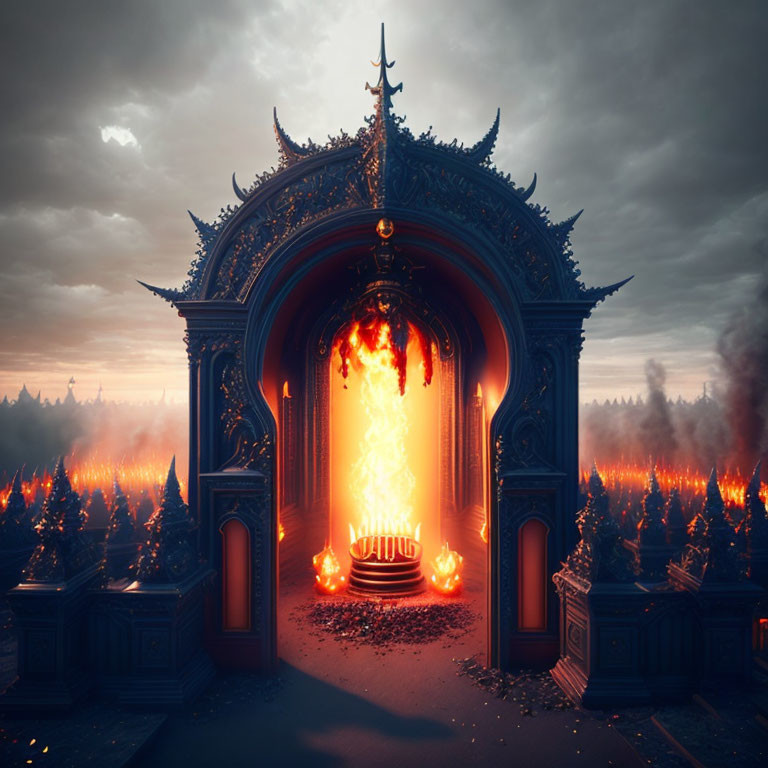 Ornate gothic gate reveals fiery vortex in burning forest