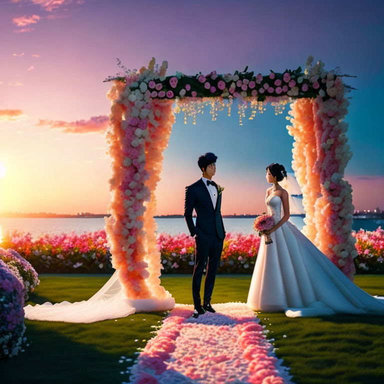 Couple under floral archway at sunset with colorful sky and water view