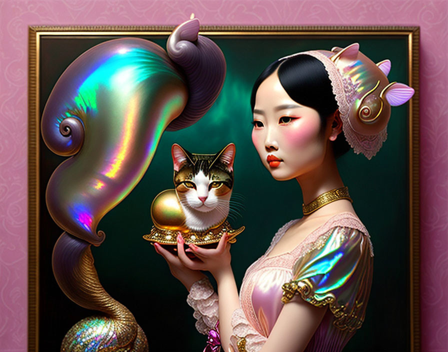 Woman in shimmering dress with golden cat statue, iridescent hair, seashell accessories.