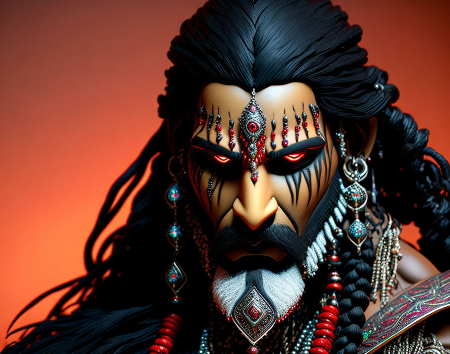 Detailed Figurine with Intricate Face Paint and Jewelry on Warm Background