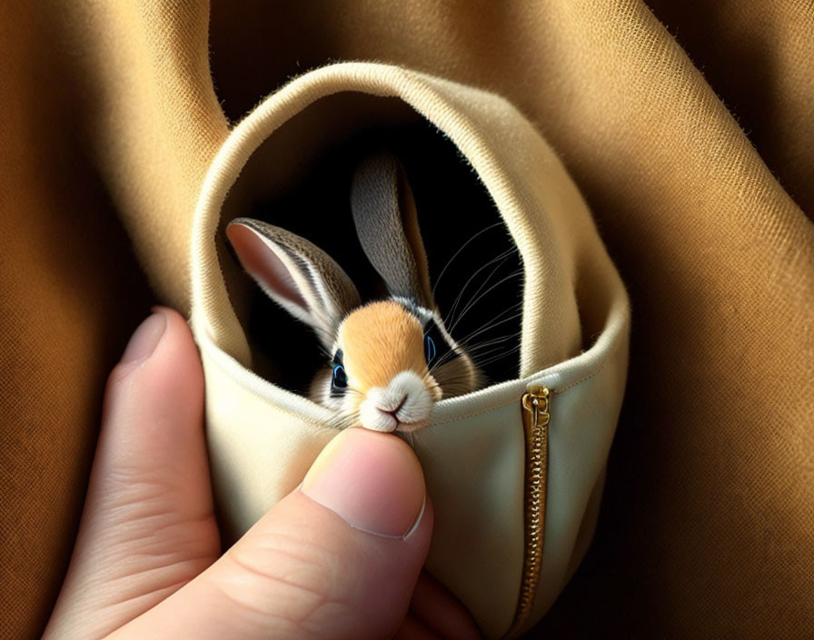 Tiny rabbit in gold pouch peeking out