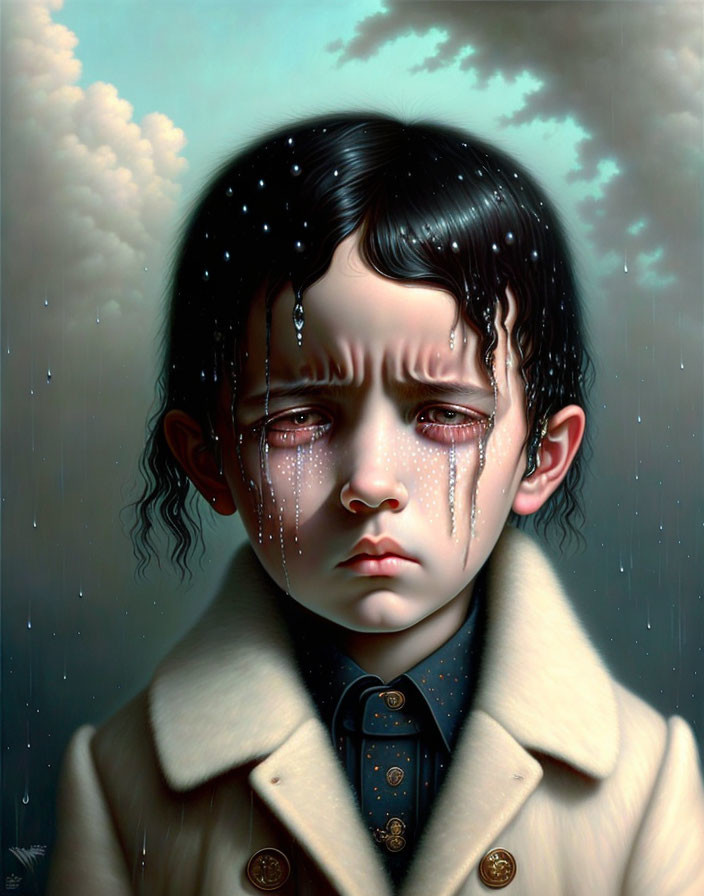 Surreal painting: Child with starry tears in cloudy sky