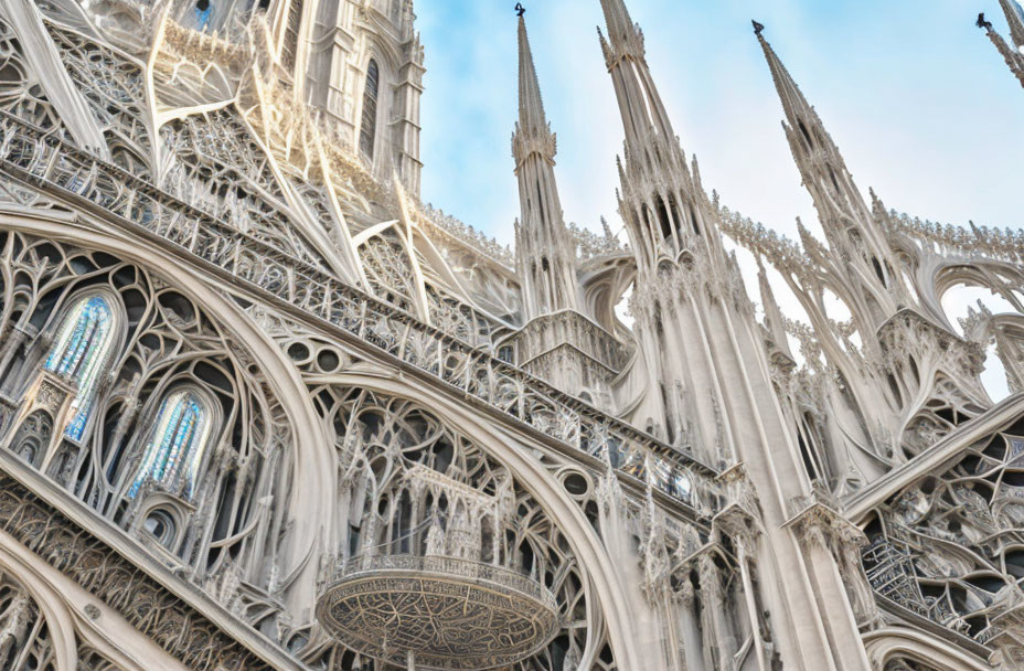 Elaborate Gothic architecture with stone spires and stained glass windows