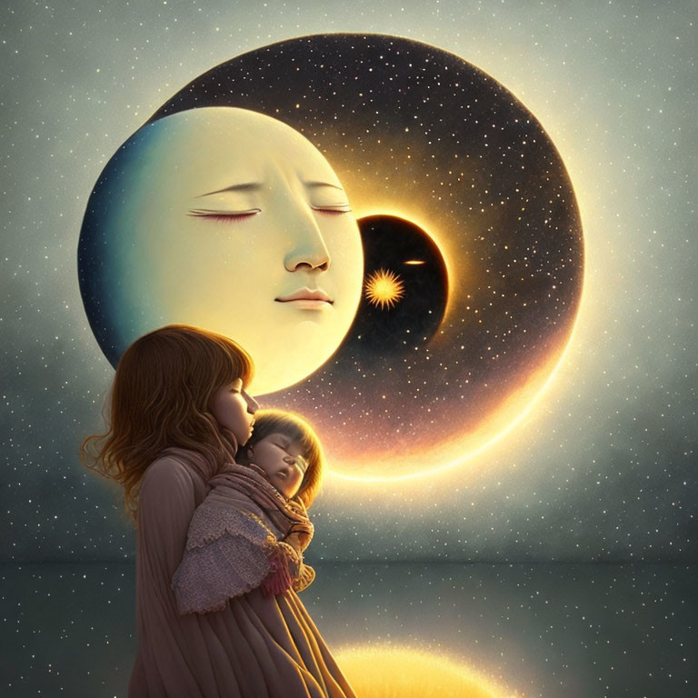 Mother embracing child under surreal sky with giant moon face eclipsed by sun.