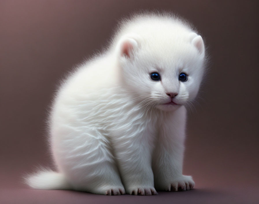 Fluffy White Kitten with Blue Eyes on Brown Background