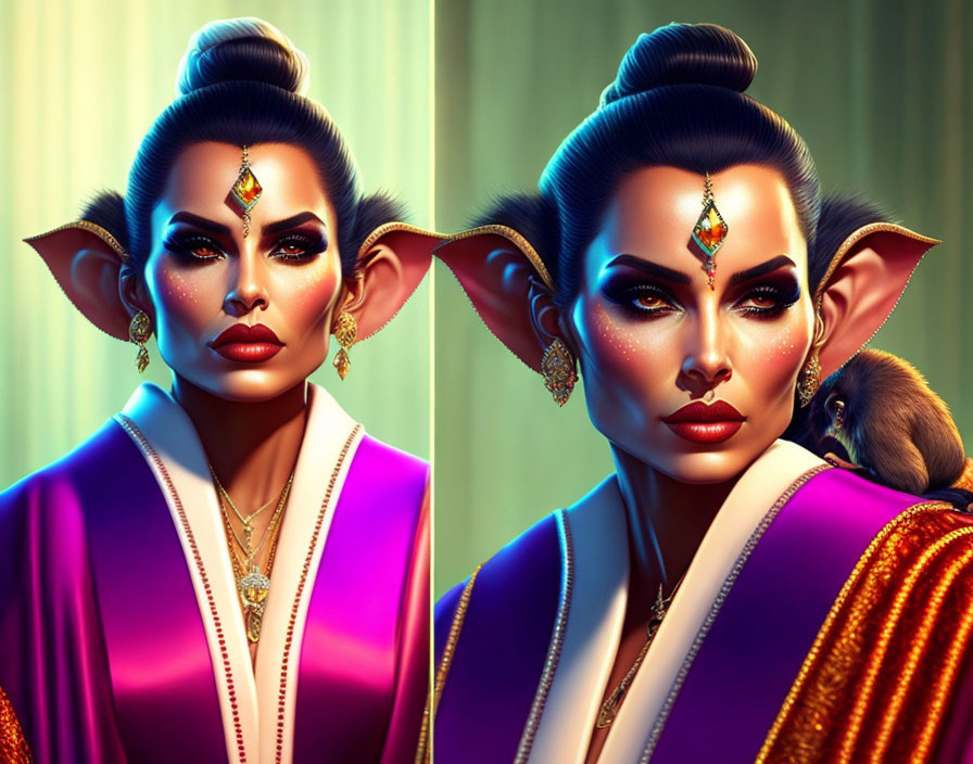Stylized digital artwork featuring elfin female characters in traditional Indian attire