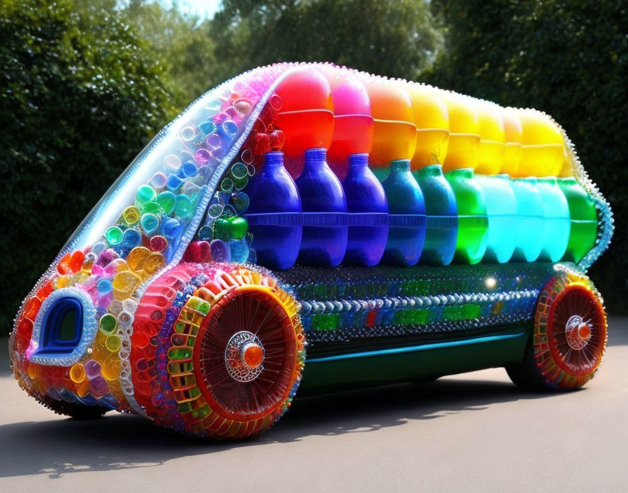 Colorful Vehicle Covered in Plastic Bottles Against Green Background