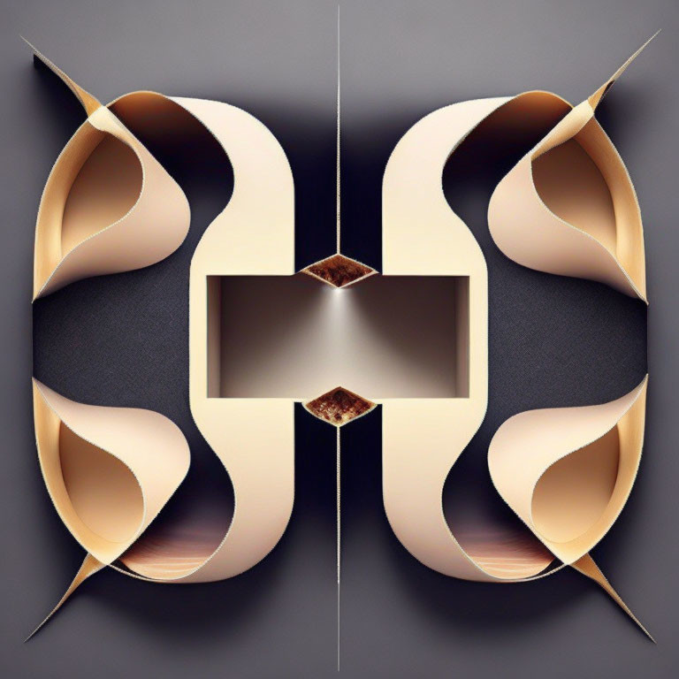 Symmetrical Abstract Paper Art: Beige Curves, Gold Accents, Gray Background