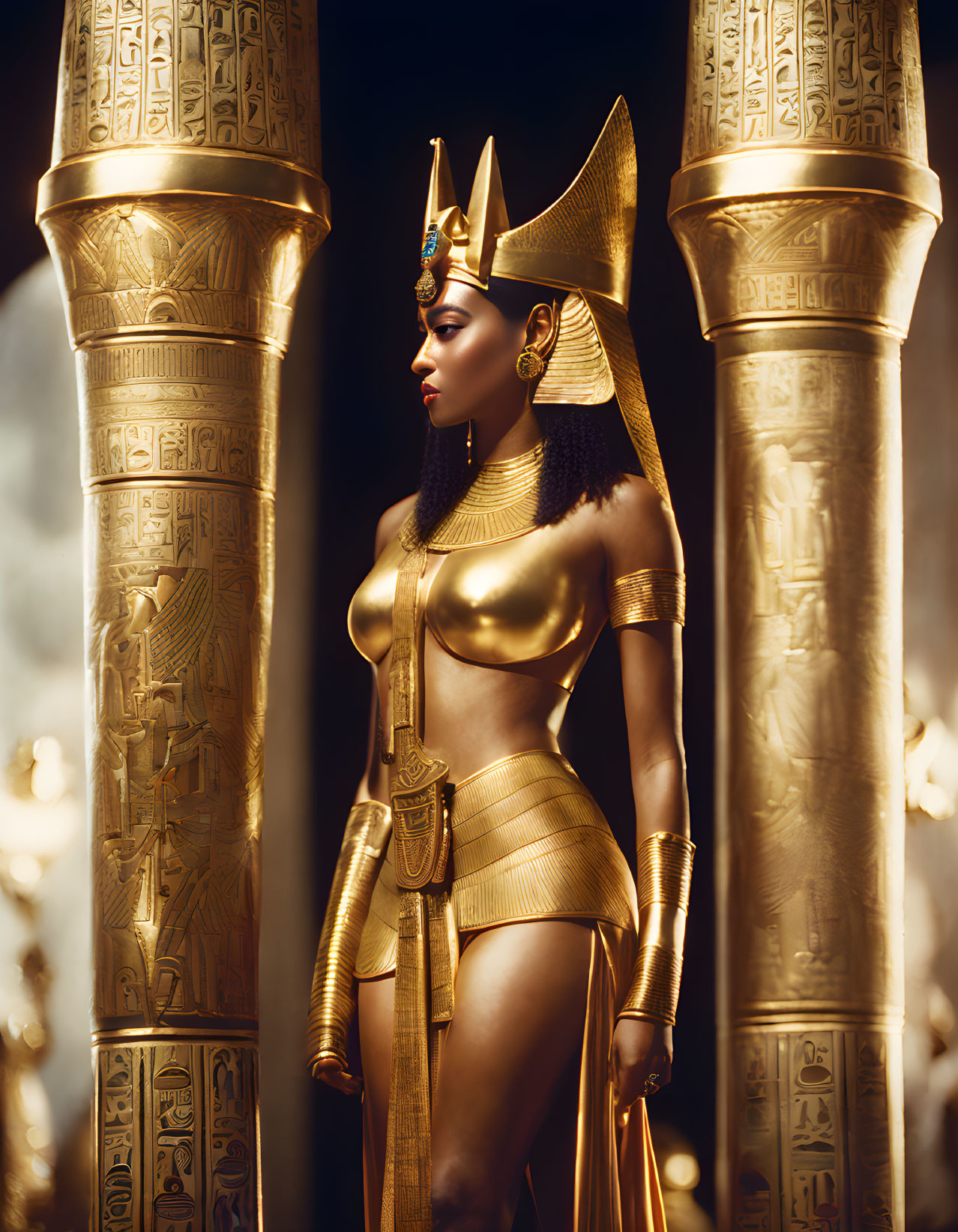 Elaborate Ancient Egyptian Costume Between Golden Pillars