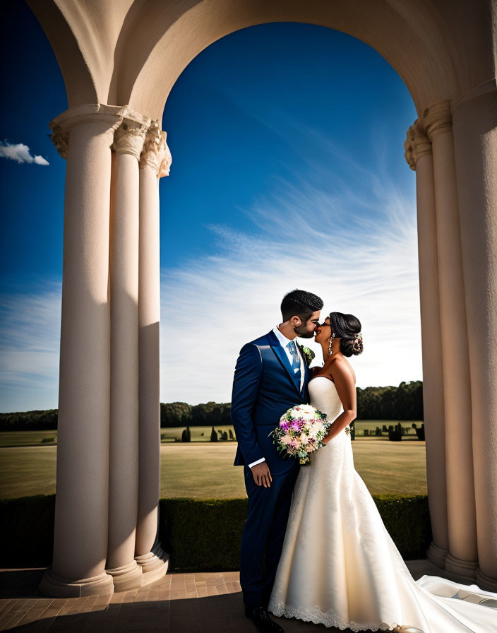 Wedding couple kissing under scenic archway & blue sky