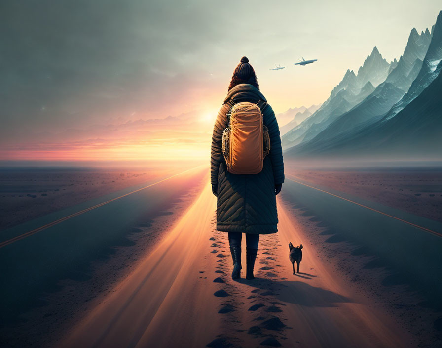 Person and small dog on deserted road in mountainous landscape at sunrise/sunset