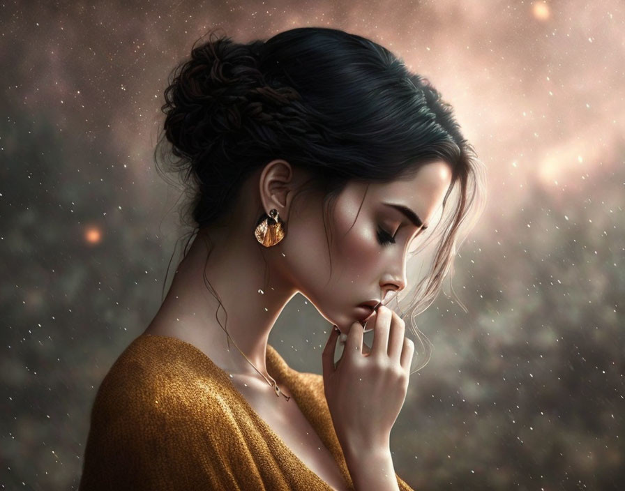 Pensive woman with updo in gold earrings and mustard sweater against starry backdrop