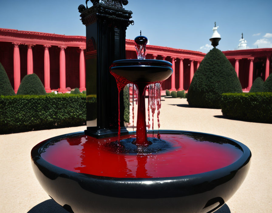 Red two-tiered fountain against classical architecture and hedges under blue sky