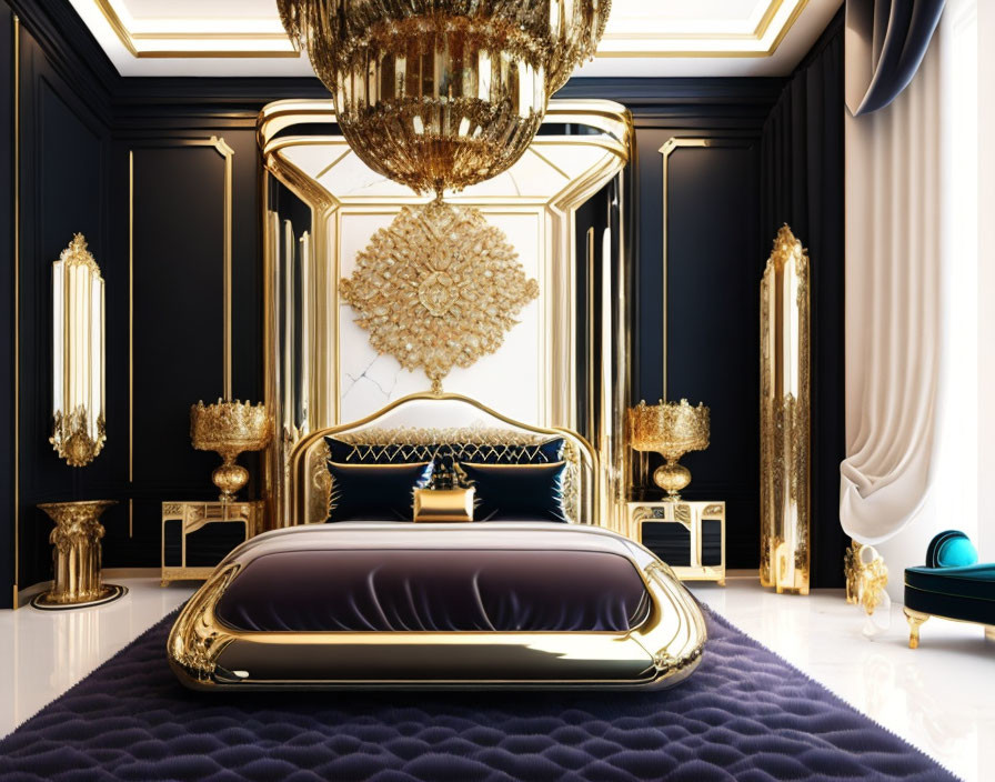 Opulent bedroom with grand chandelier, gold accents, navy bedding.