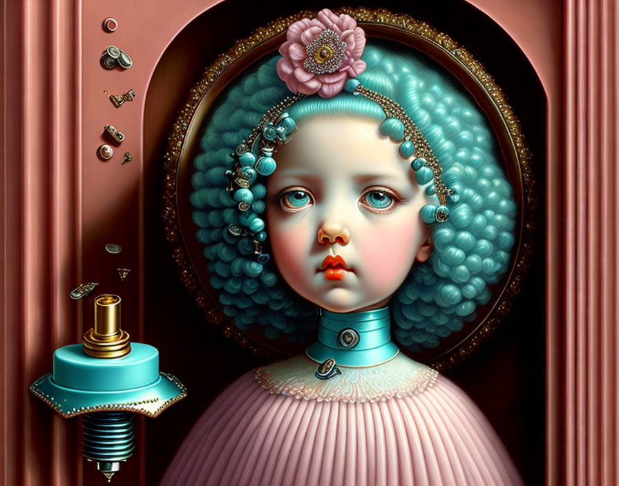 Surrealist portrait featuring girl with blue curls and clockwork mechanism on pink background.