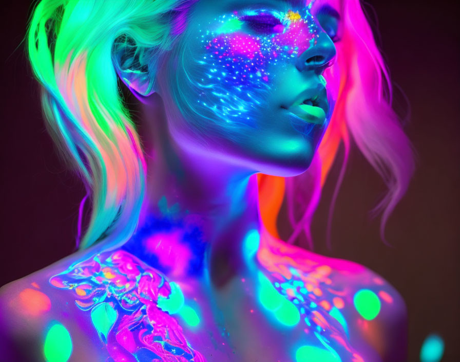 Neon Body Paint Woman Glows Under UV Light