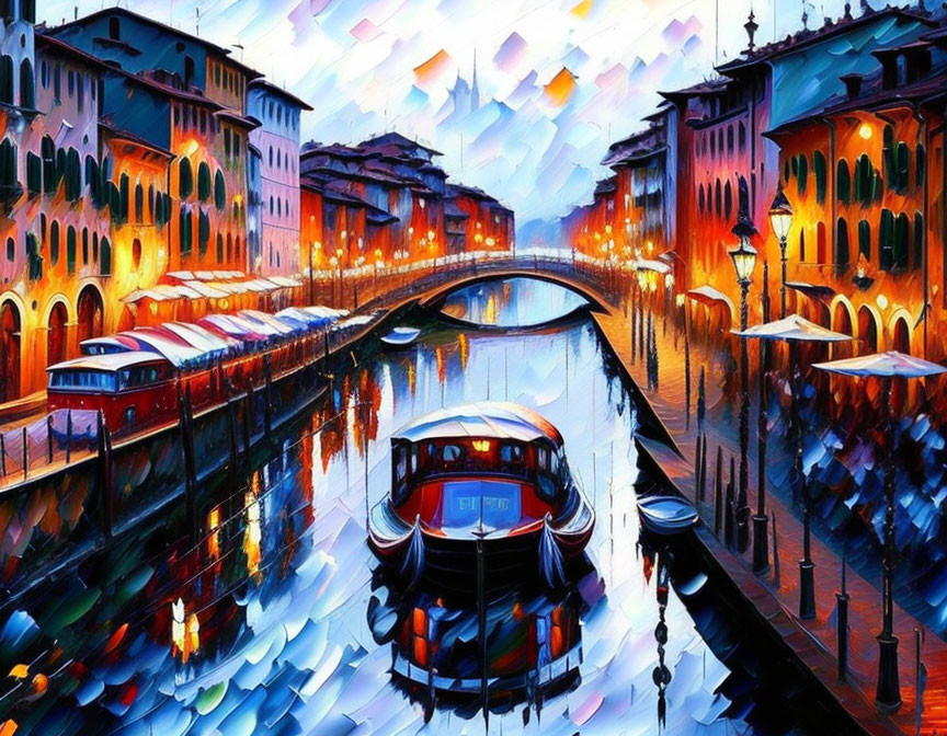 Colorful Venetian Canal Painting with Gondola and Twilight Sky