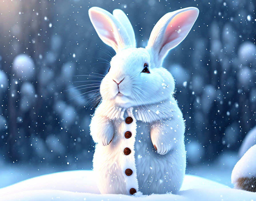 Illustration of white rabbit in coat in snowy setting