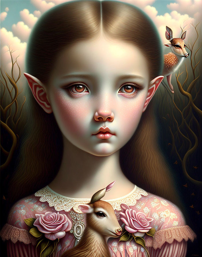 Young elf girl in surreal forest with deer