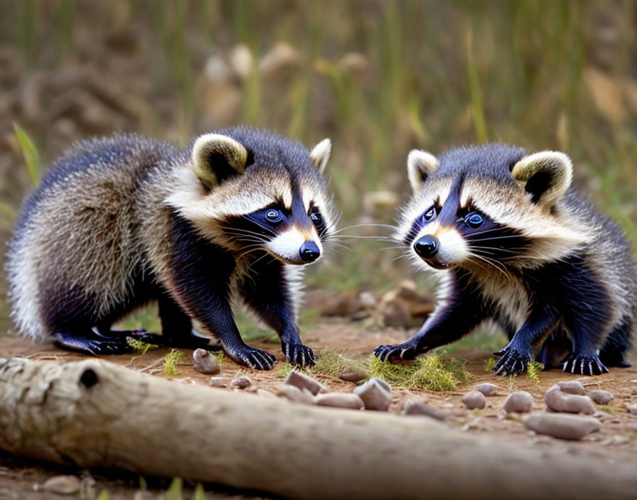 Distinctive black mask-like facial markings on two raccoons in a natural setting