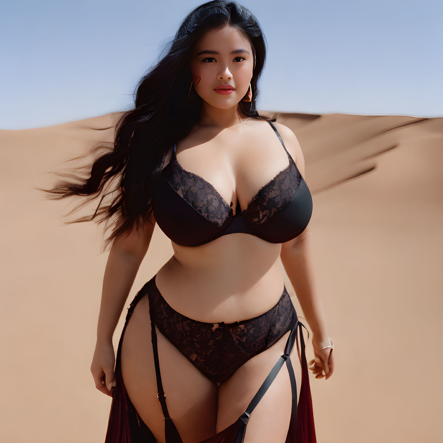 Woman in black lingerie with lace detail in desert landscape