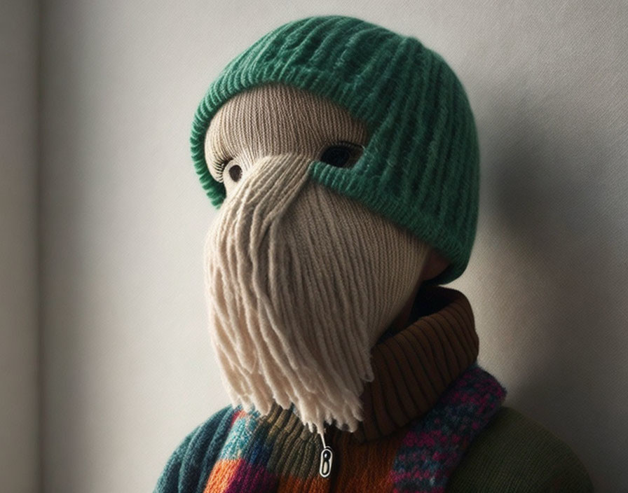 Colorful Multicolored Sweater with Green Beanie and Knitted Beige Mask