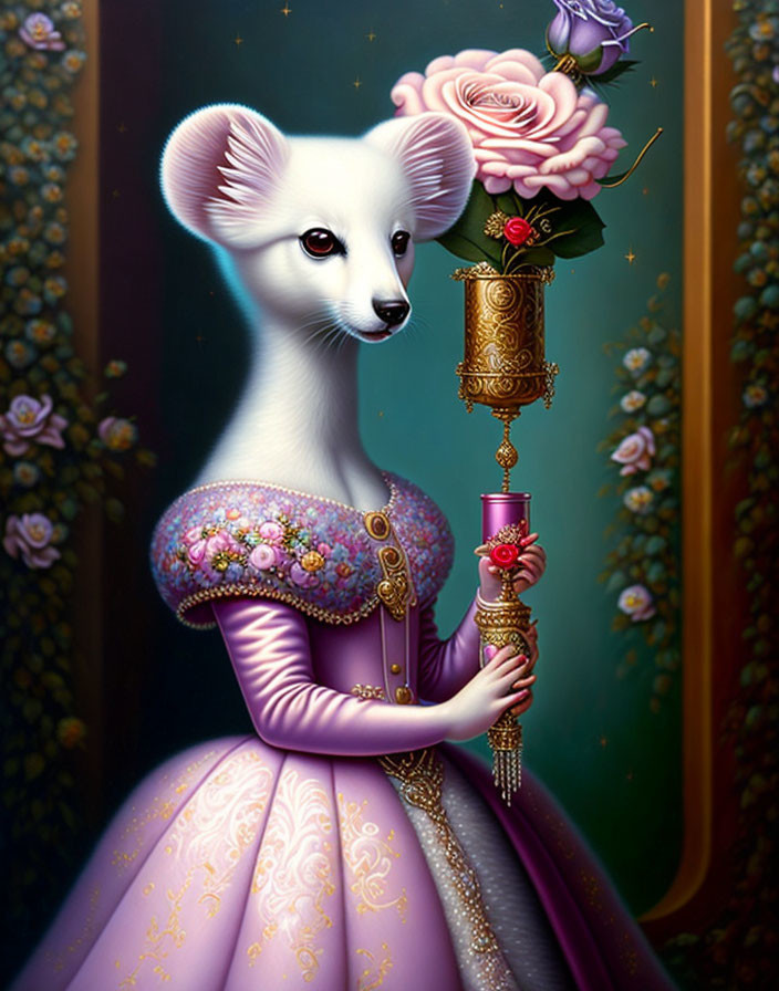 Anthropomorphic weasel in purple gown with floral patterns and gold candlestick on floral backdrop.