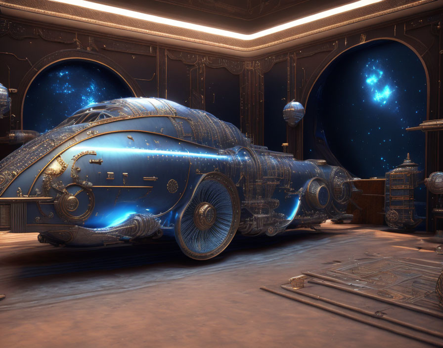 Futuristic blue vehicle in ornate room with space view