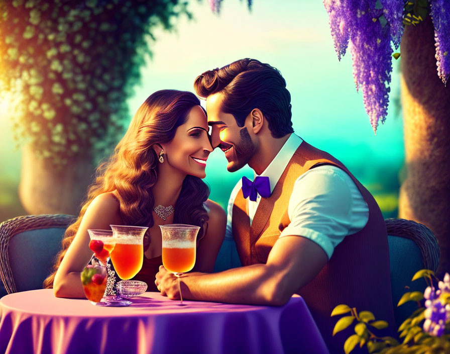 Illustration of Smiling Couple at Romantic Outdoor Setting