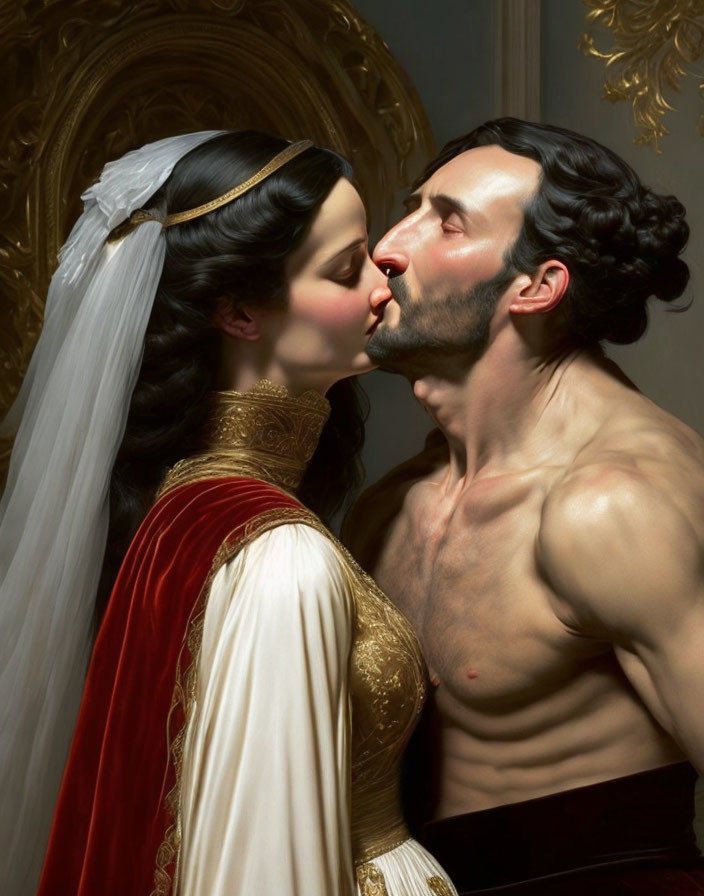 Medieval-style woman in white dress with man kissing romantically