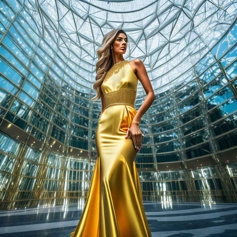 Woman in Gold Gown Poses in Modern Glass Atrium