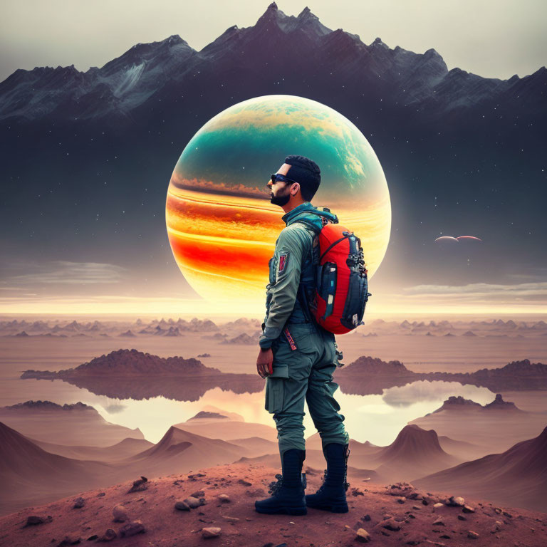 Pilot in suit on alien desert with colorful planet in sky