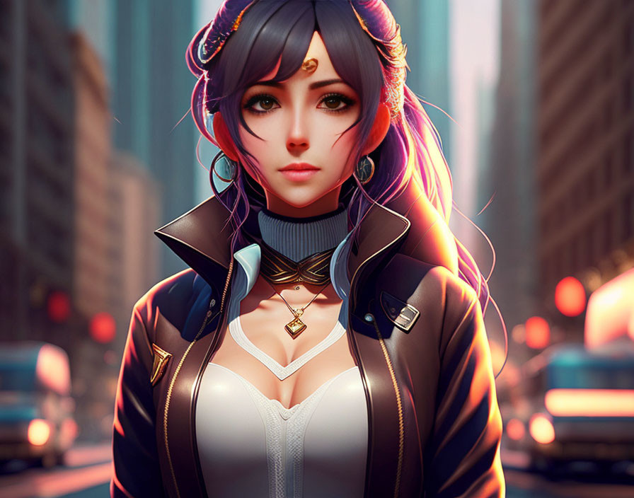 Digital portrait of female character with purple hair in cyberpunk attire in cityscape at dusk