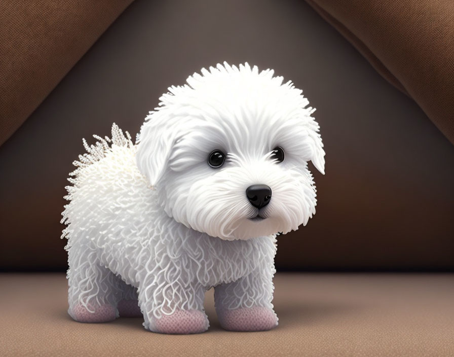 Fluffy white puppy with dark eyes on brown background