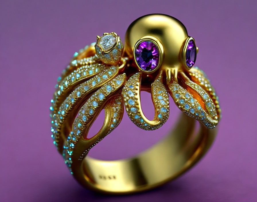 Octopus Design Gold Ring with Purple Gem Eyes and Diamonds on Purple Background