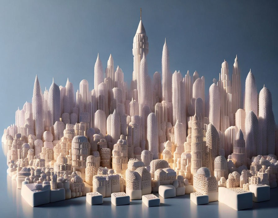 White Architectural Models Forming Cityscape Against Blue Background