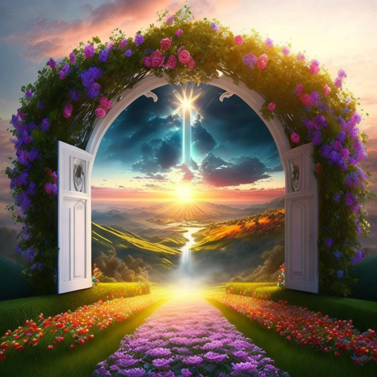 Doorway with flower arch frames sunset over rolling hills and radiant pathway.