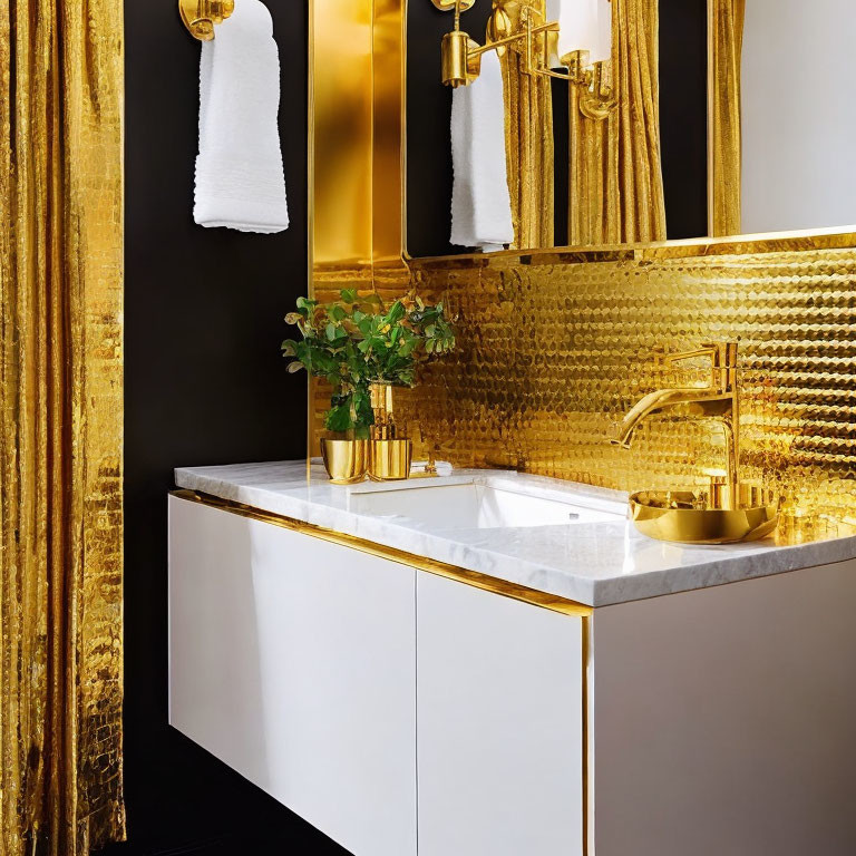 Luxurious Bathroom with Gold Fixtures and White Countertop