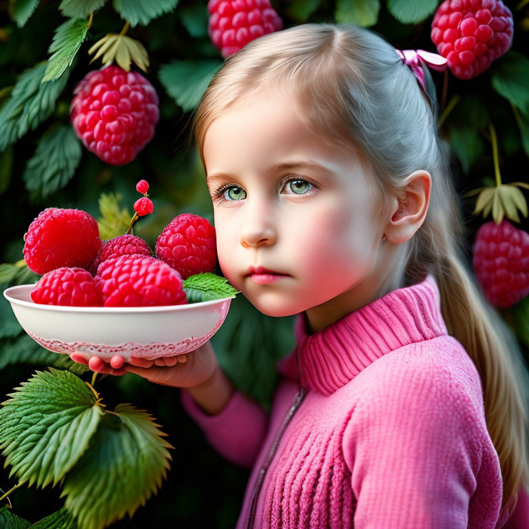 Blond-Haired Girl with Raspberries in Bowl