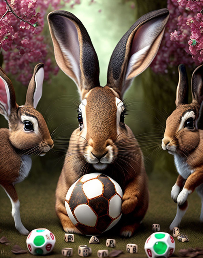 Three animated rabbits with expressive eyes around a soccer ball and dice.