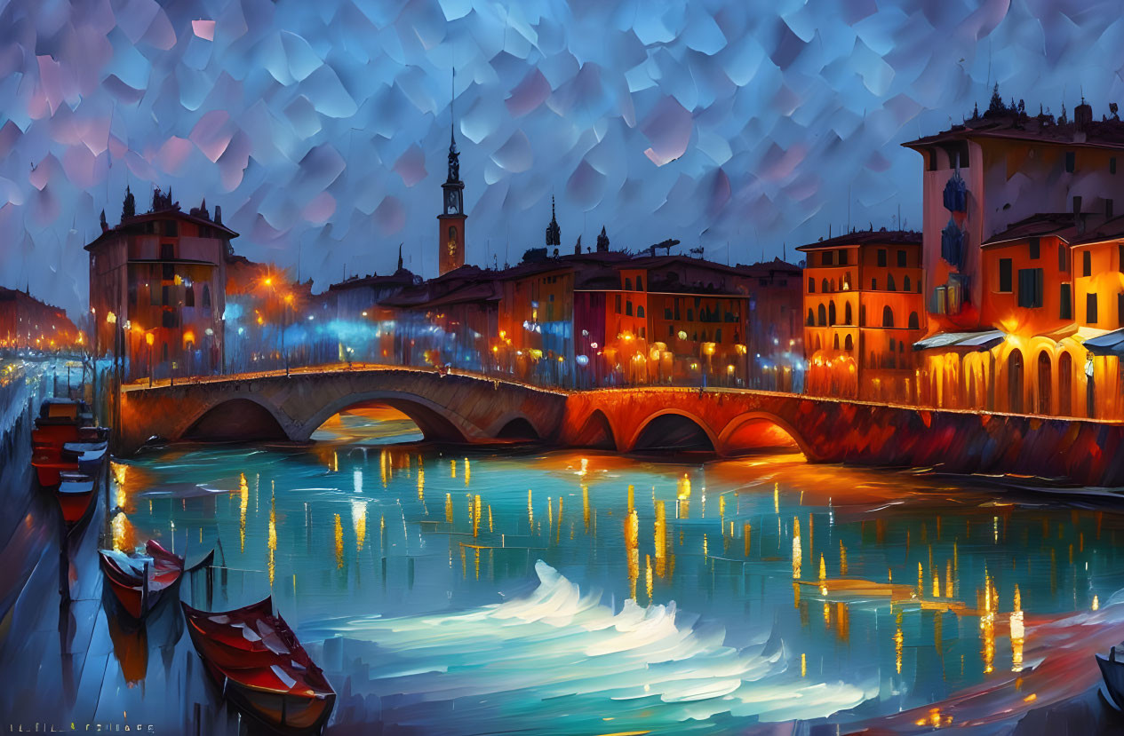 Digital painting of illuminated cityscape with bridge, river, boats, and textured sky