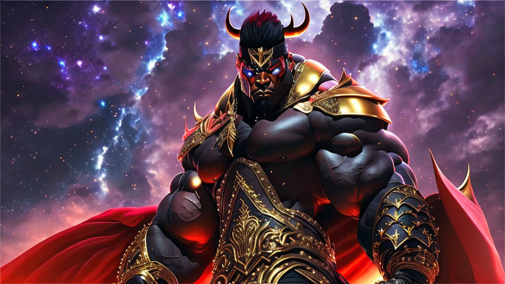 Muscular character in black and gold armor with glowing red eyes and horns against cosmic backdrop