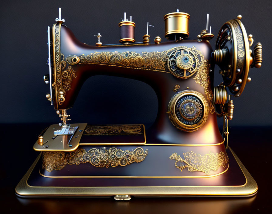 Vintage Sewing Machine with Gold Patterns and Gears on Dark Background