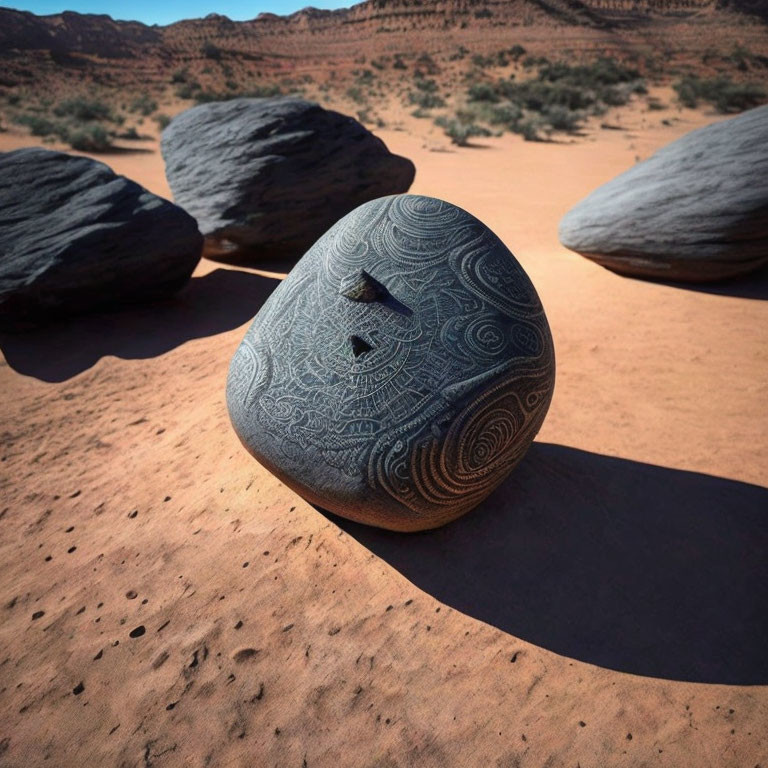 Intricately patterned stone with hole in desert landscape