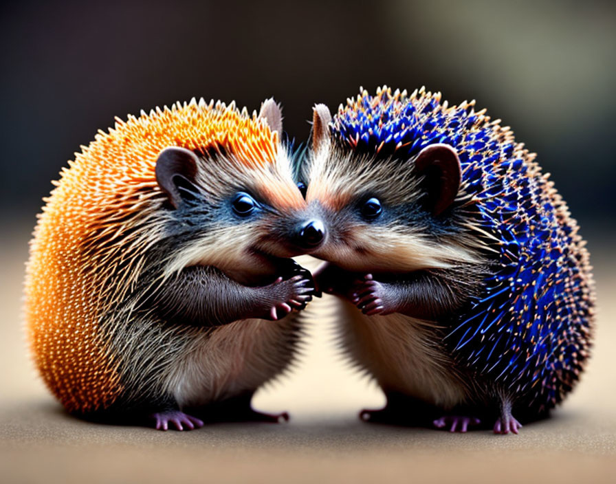 Vibrant digitally enhanced hedgehogs in orange and blue tones