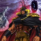 Muscular character in black and gold armor with glowing red eyes and horns against cosmic backdrop