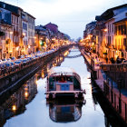 Colorful Venetian Canal Painting with Gondola and Twilight Sky