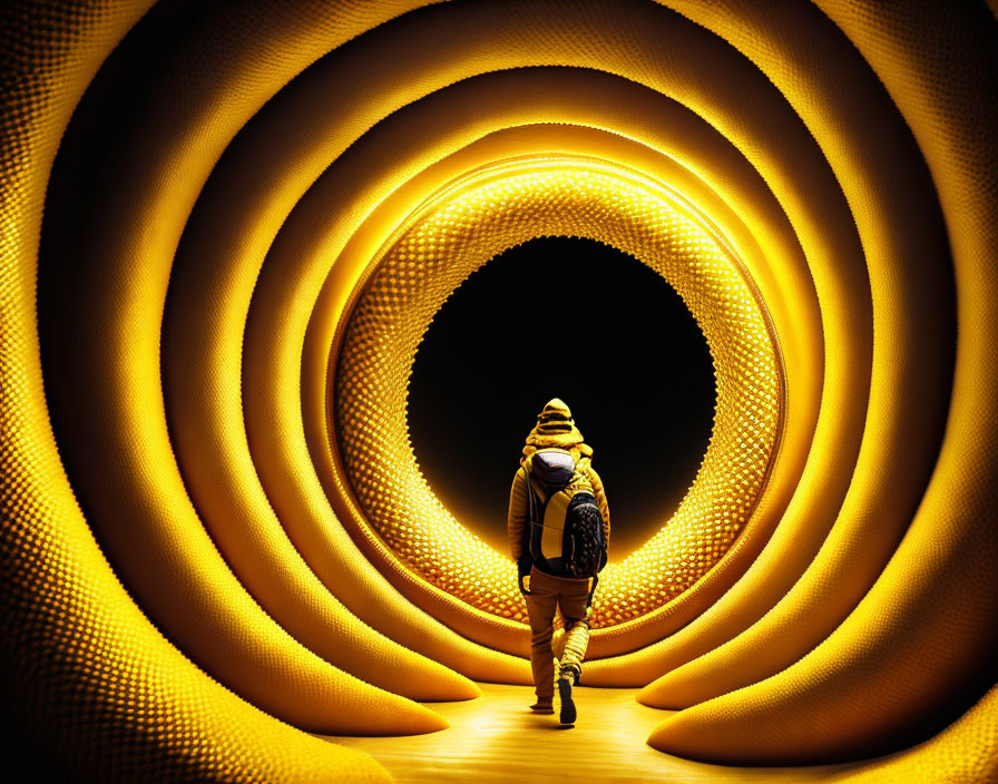 Backpacker Walking in Warm Illuminated Tunnel