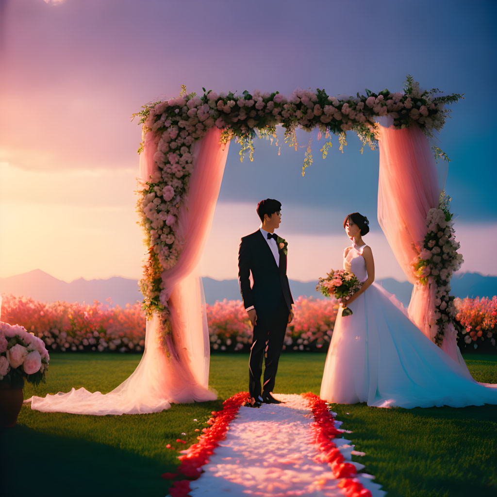 Couple under floral archway at sunset with red petal pathway